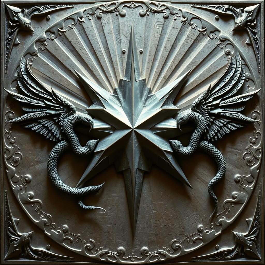 A stunning bas-relief featuring a large star at the center, radiating light beams that transform into beautifully detailed, winged serpents