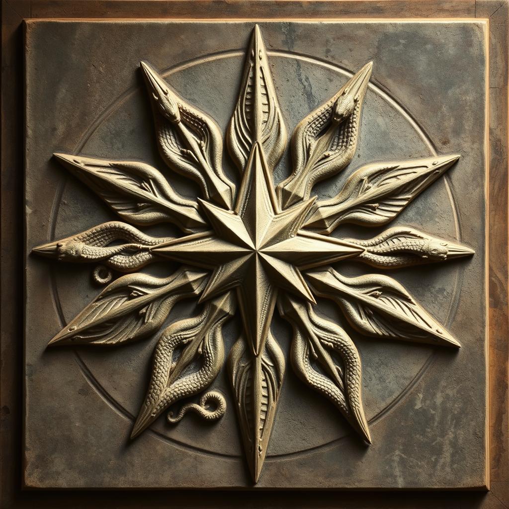 A bass relief depicting a star projecting six rays, each ray transforming into a winged serpent