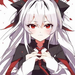 Anime-styled girl with white hair and bright red eyes, wearing red and black clothes, showcasing an evil laugh.