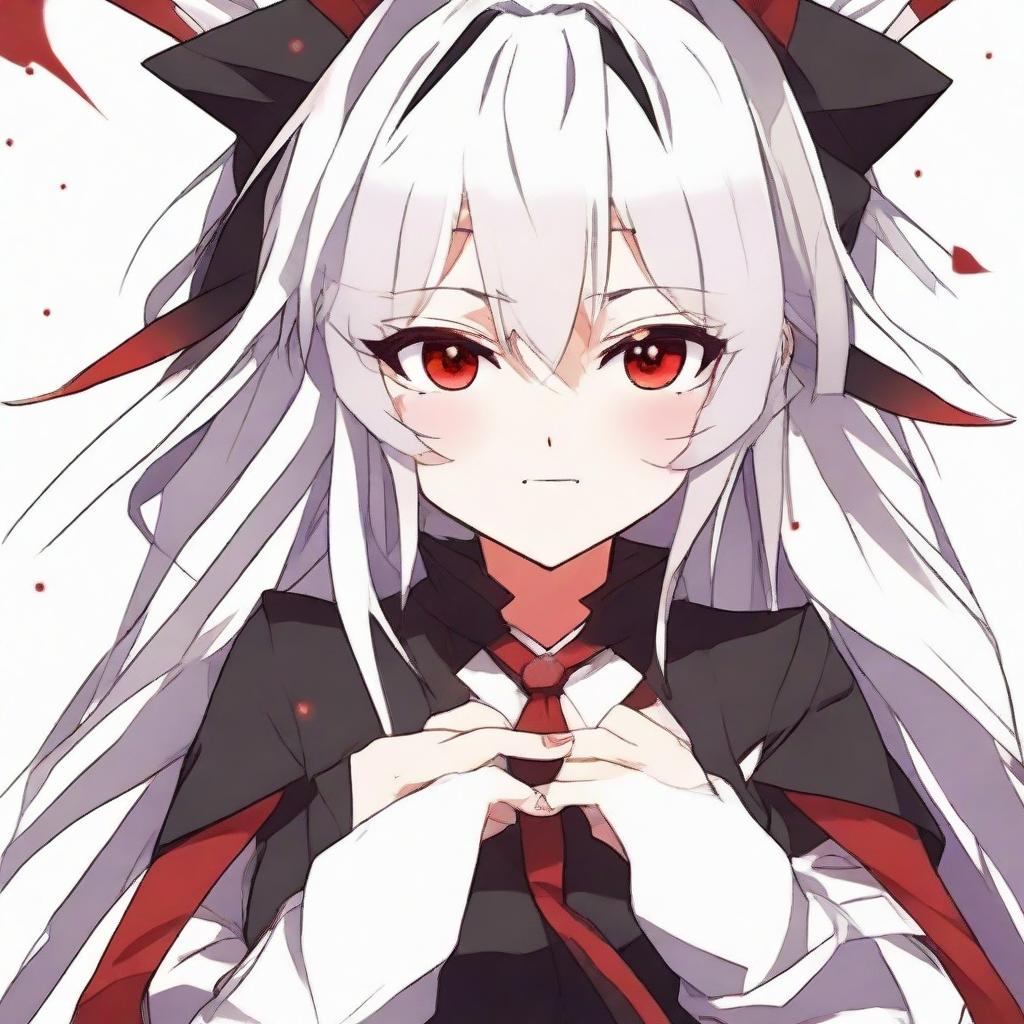 Anime-styled girl with white hair and bright red eyes, wearing red and black clothes, showcasing an evil laugh.