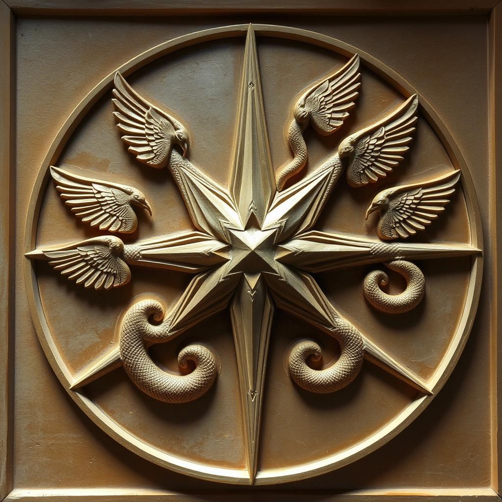 A stunning bas-relief featuring a central star projecting six rays