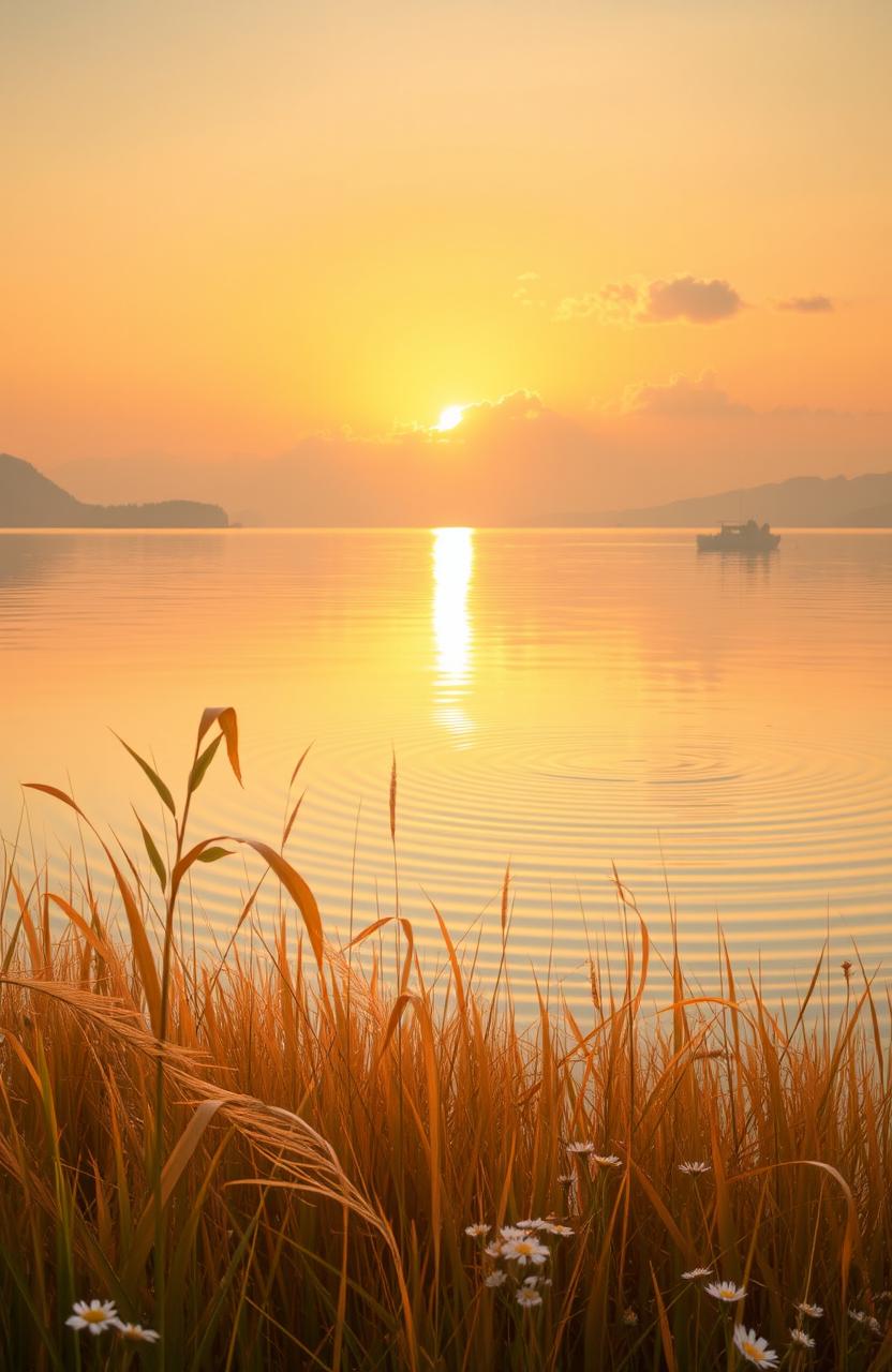 A dreamy landscape titled 'Caramel Days', featuring a warm sunset casting golden caramel hues across the sky and reflecting on serene waters