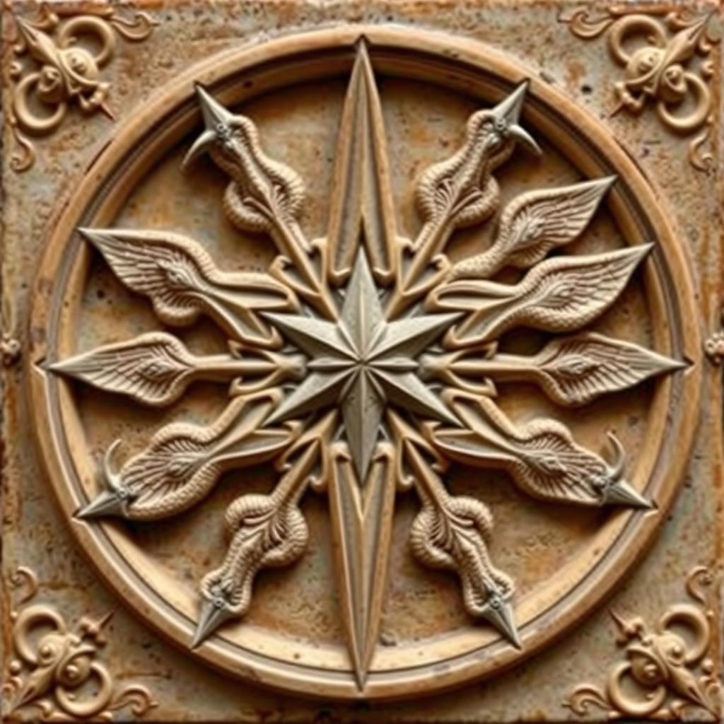 A beautiful bas-relief depicting a star projecting six rays
