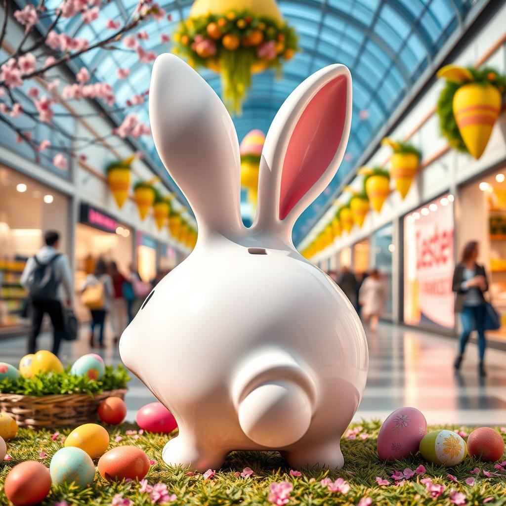 A realistic photo montage of a cute rabbit-shaped piggy bank with a coin slot on its back, placed in the center of a vibrant shopping mall decorated for Easter, complete with colorful Easter eggs and festive decorations