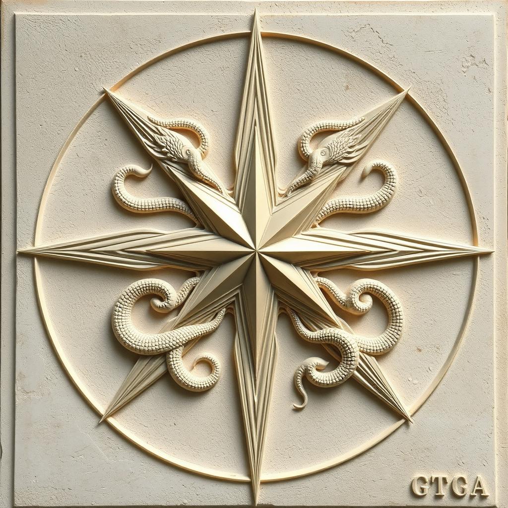 A stunning bas-relief featuring a star that radiates six beams of light