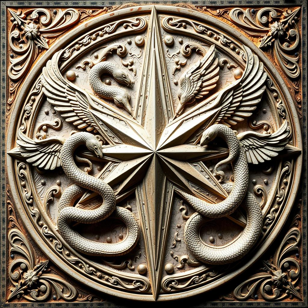 A stunning bas-relief artwork featuring a star that emits six rays