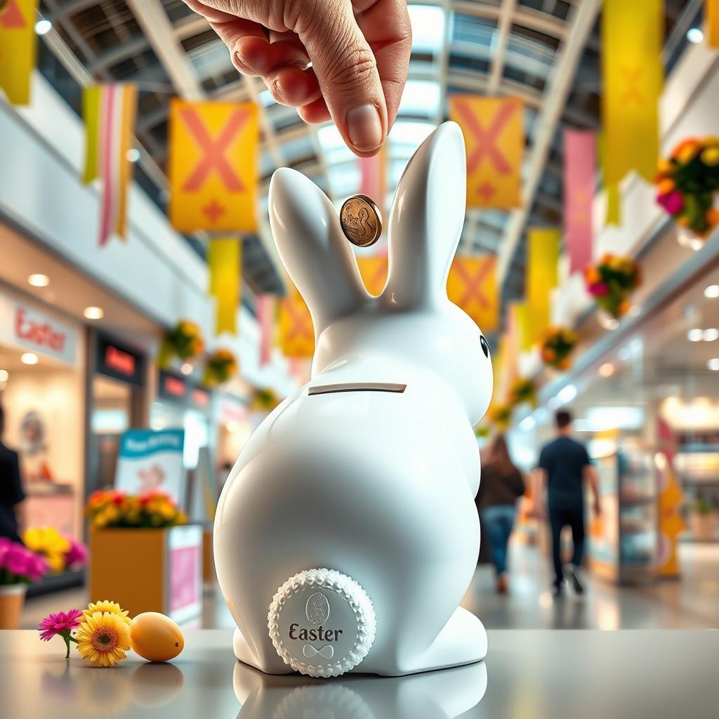 A realistic photo montage of a money box in the shape of a rabbit, featuring a coin slot on its back, as a hand descends from above to place a coin into it