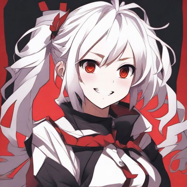 Anime-styled girl with white hair and bright red eyes, wearing red and black clothes, showcasing an evil laugh.