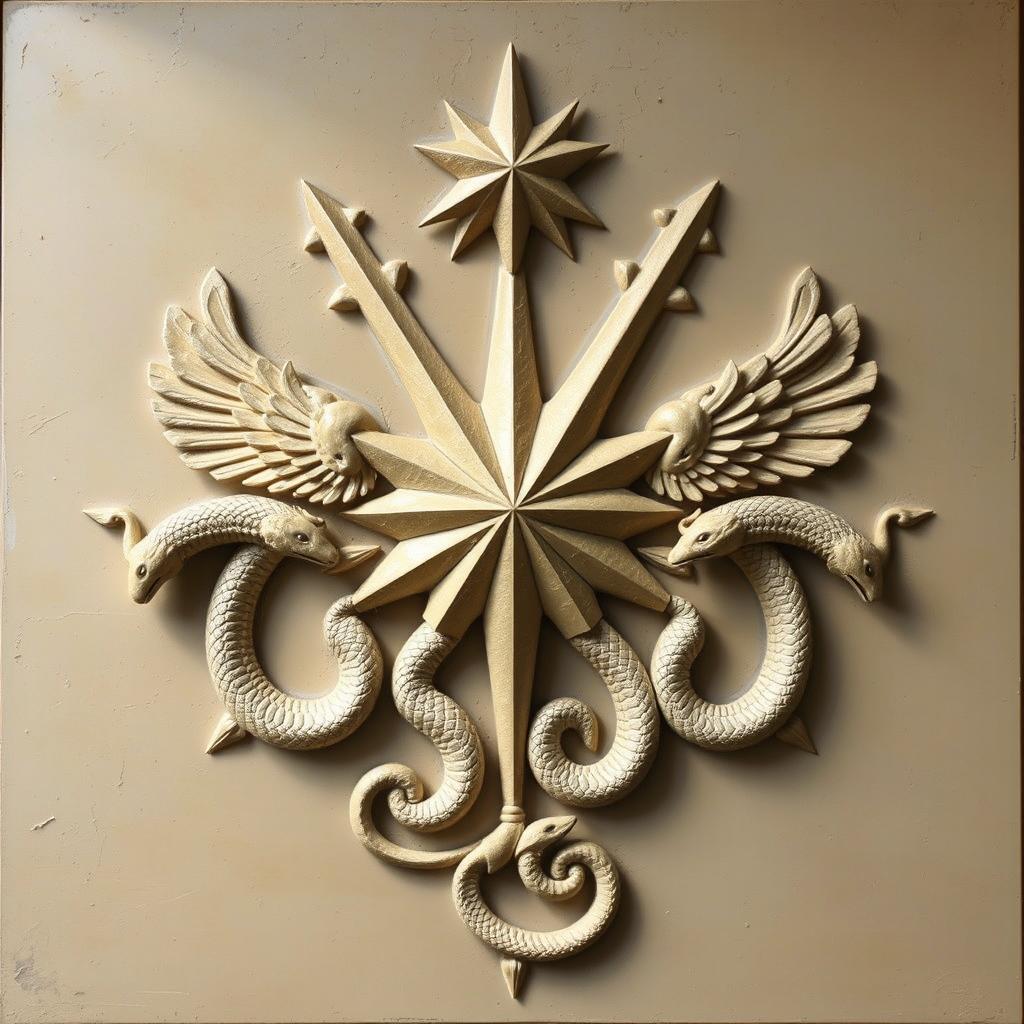A bas-relief sculpture featuring a prominent star at the top, projecting six radiant beams