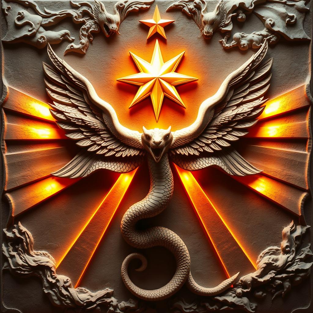 A stunning bas-relief featuring a prominent star at the top that casts six radiant beams