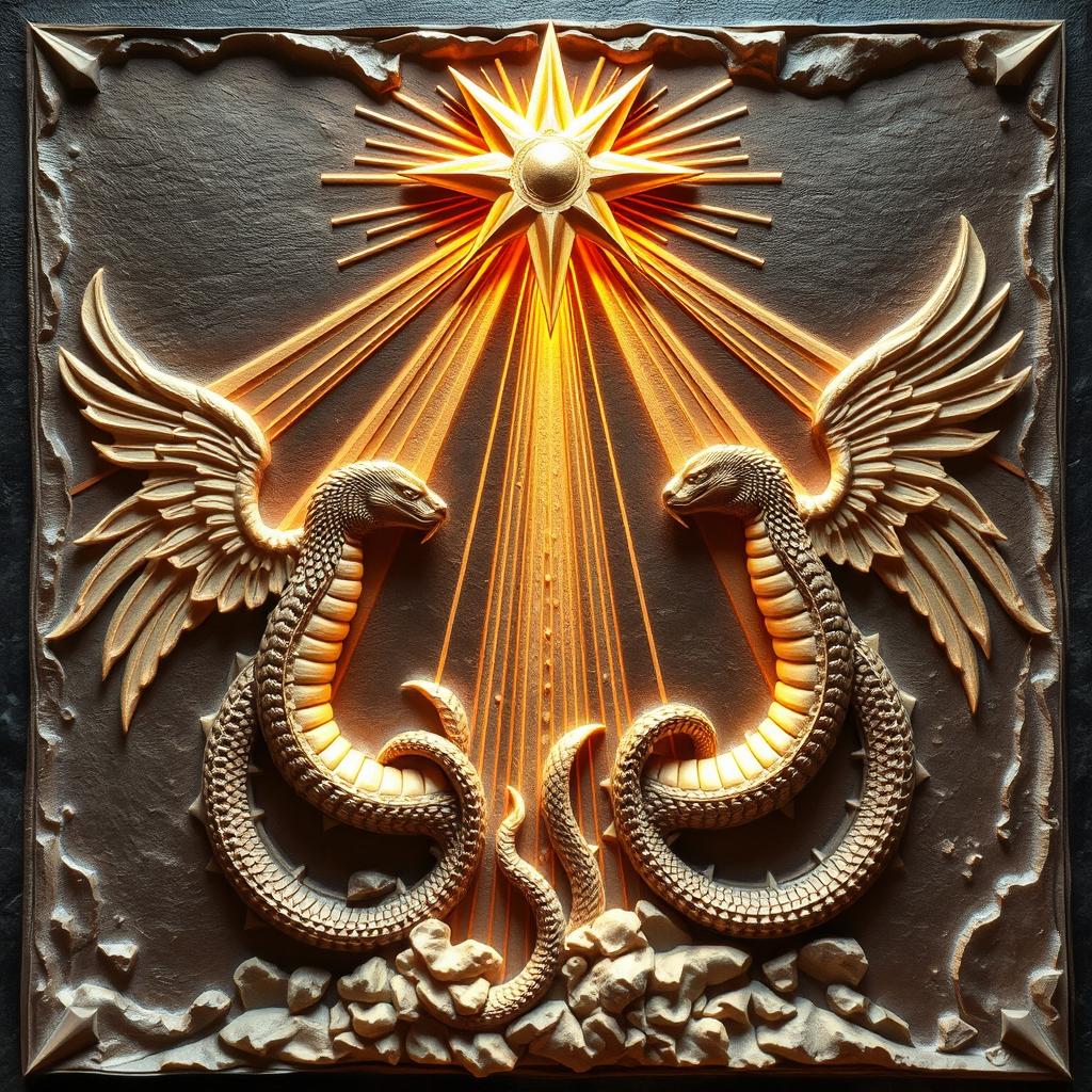 A stunning bas-relief artwork featuring at the top a prominent star that projects six radiant beams of light