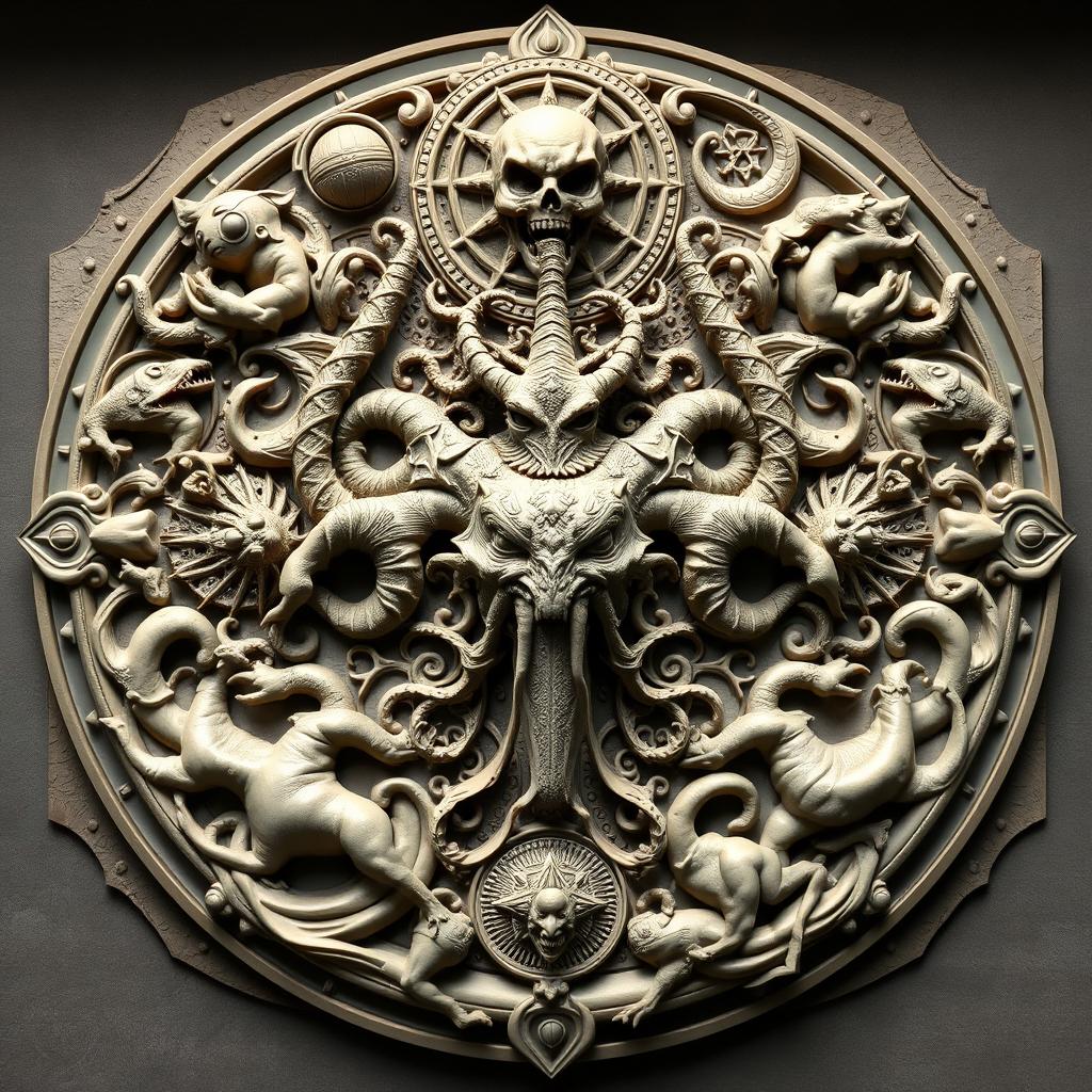 A stunning bass relief sculpture featuring Azathoth at the top, surrounded by intricate celestial motifs, cosmic elements, and otherworldly creatures