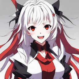 Anime-styled girl with white hair and bright red eyes, wearing red and black clothes, showcasing an evil laugh.