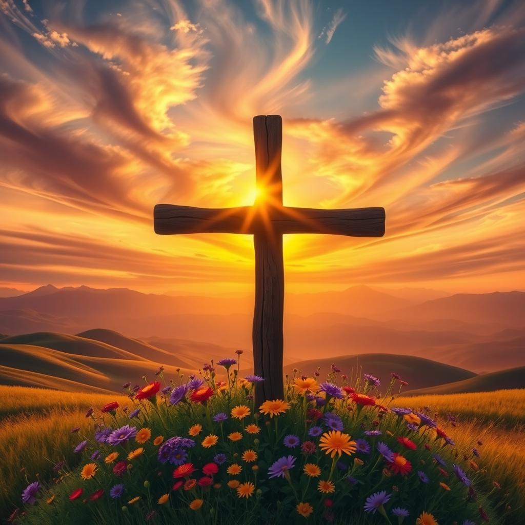 A beautifully crafted depiction of the Cross of Calvary set against a dramatic sunset, with golden rays illuminating the wooden cross