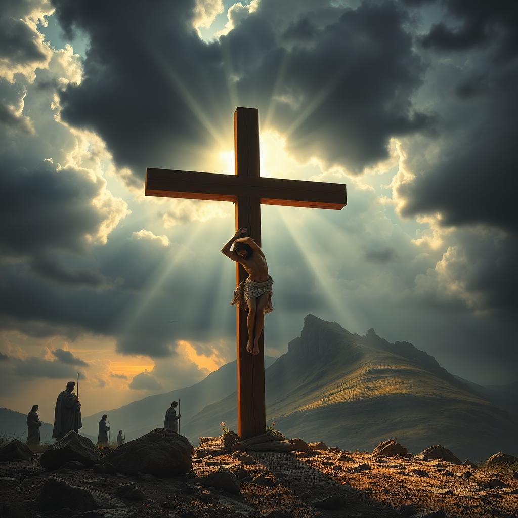 A dramatic depiction of the crucifixion of Christ on Calvary, showcasing the wooden cross with Christ nailed to it, surrounded by a dark sky filled with ominous clouds