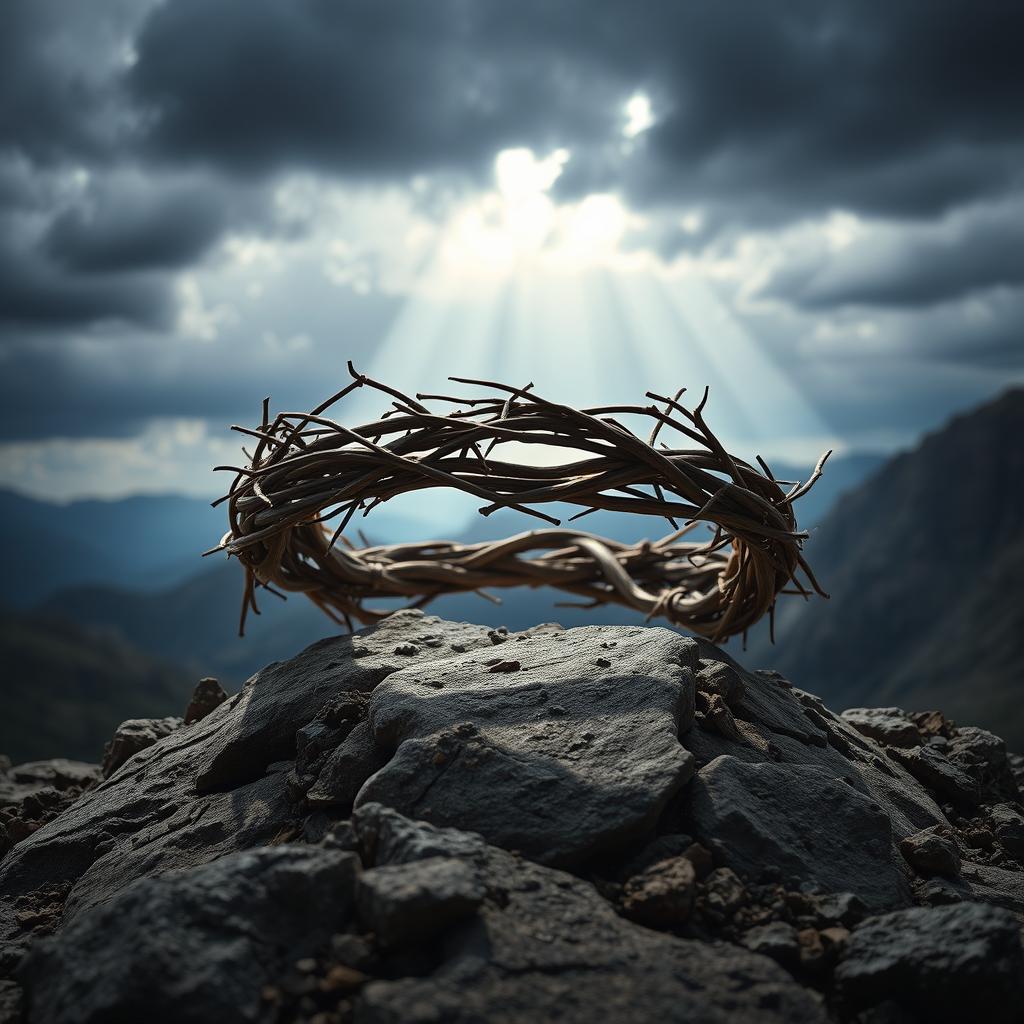 A striking and dramatic scene depicting the Crown of Thorns resting on the rocky terrain of Golgotha, also known as Calvary
