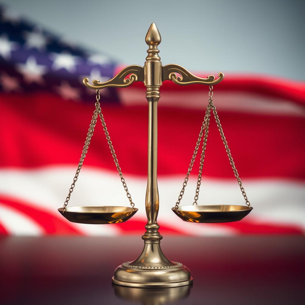 A subtle, artistic portrayal of the scales of justice, with a gently rippling US flag incorporated into the background