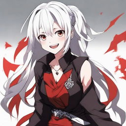 Anime-styled girl with white hair and bright red eyes, wearing red and black clothes, showcasing an evil laugh.