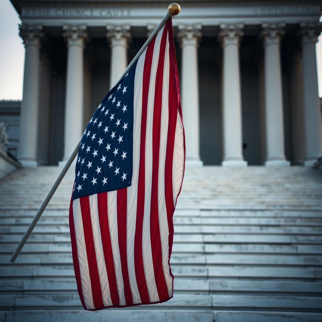 A faded American flag gently rippling in the breeze, positioned prominently behind the steps of the Supreme Court building
