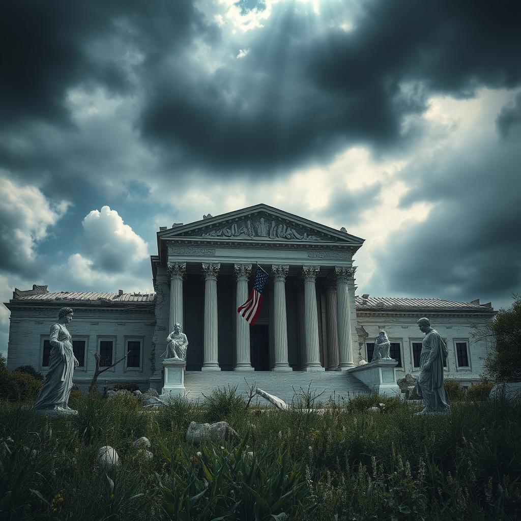 A dramatic depiction of the United States Supreme Court building in ruins, showcasing crumbling walls and shattered pillars