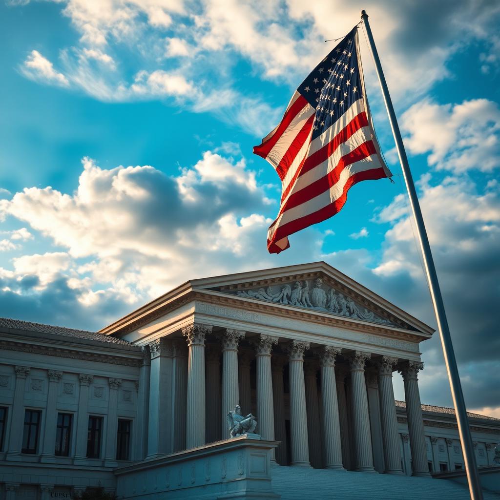 A dramatic image featuring the United States Supreme Court building in the foreground, showcasing its majestic architecture with prominent columns and steps