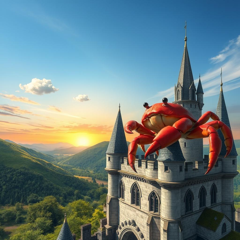 A whimsical and surreal scene featuring a giant crab perched on top of a grand medieval castle