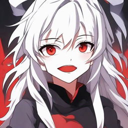 Anime-styled girl with white hair and bright red eyes, wearing red and black clothes, showcasing an evil laugh.