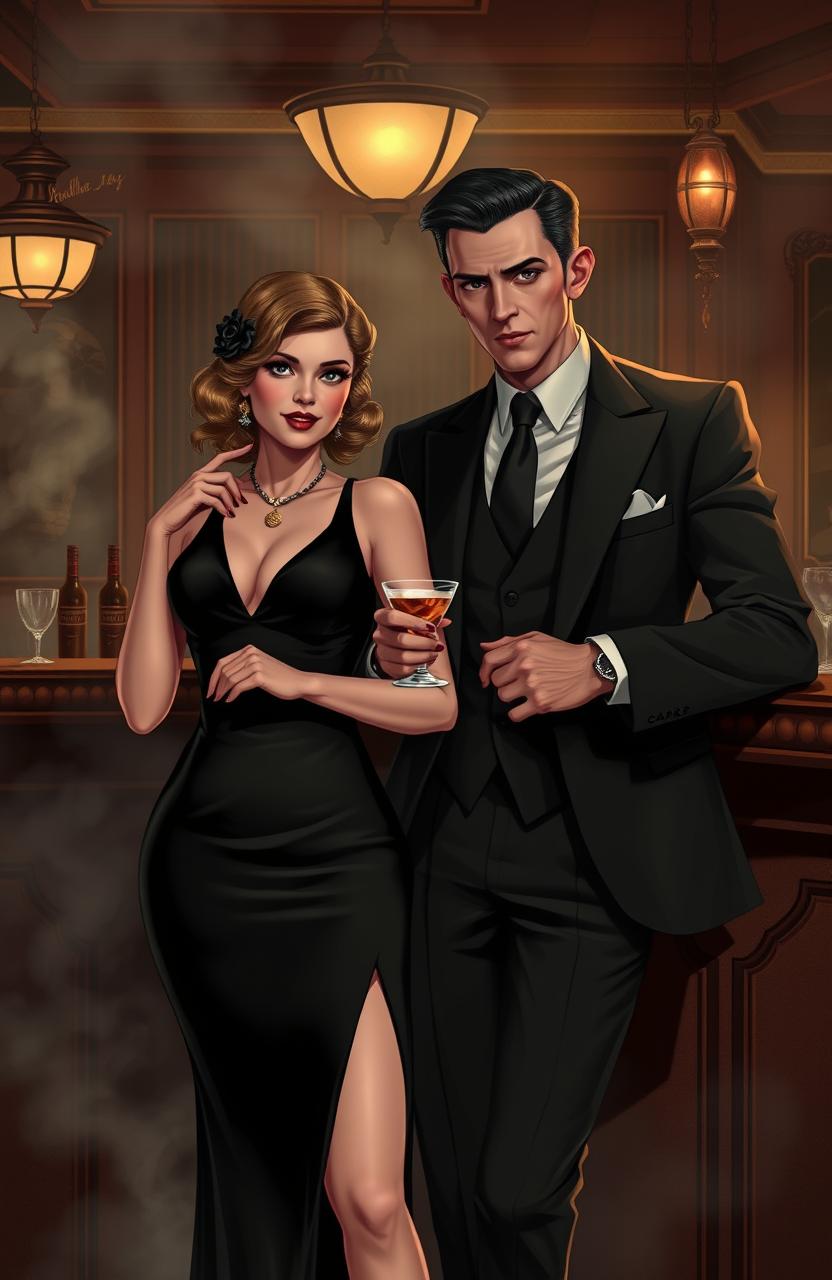 A stylish mafia-themed scene featuring a captivating female character dressed in an elegant black dress and a charismatic male character in a sharp tailored suit