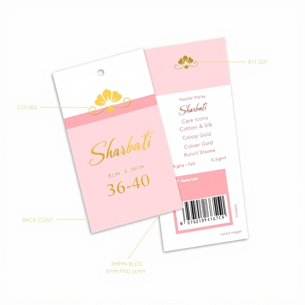 A women's sock tag design (6cm x 18cm) featuring a light blush pink background