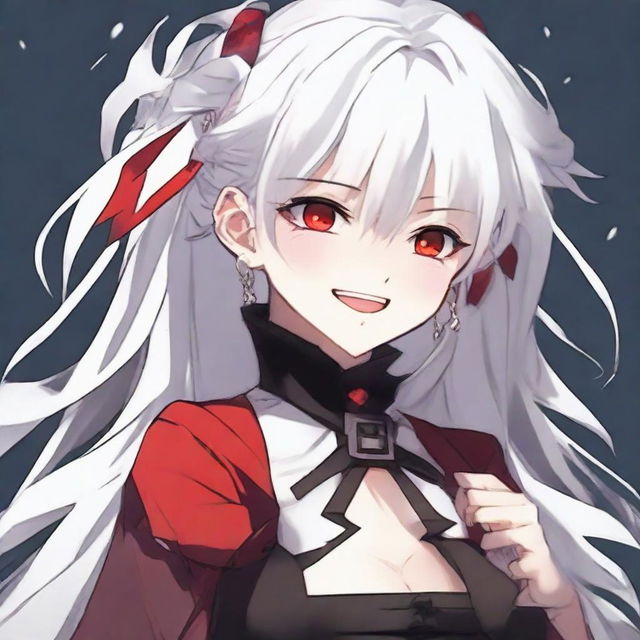 Anime-styled girl with white hair and bright red eyes, wearing red and black clothes, showcasing an evil laugh.