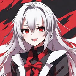 Anime-styled girl with white hair and bright red eyes, wearing red and black clothes, showcasing an evil laugh.