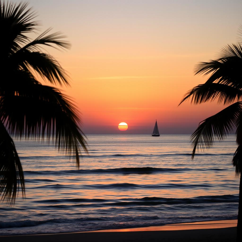 A serene sunset over a tranquil beach, with soft waves lapping at the shore