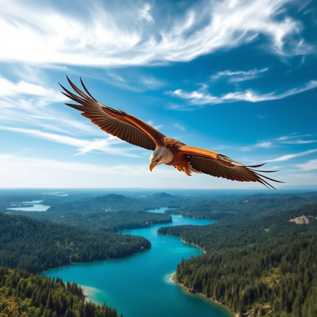 A majestic golden eagle soaring high above a beautiful sea of lush green forests and sparkling blue lakes, with sunlight gleaming off its feathers