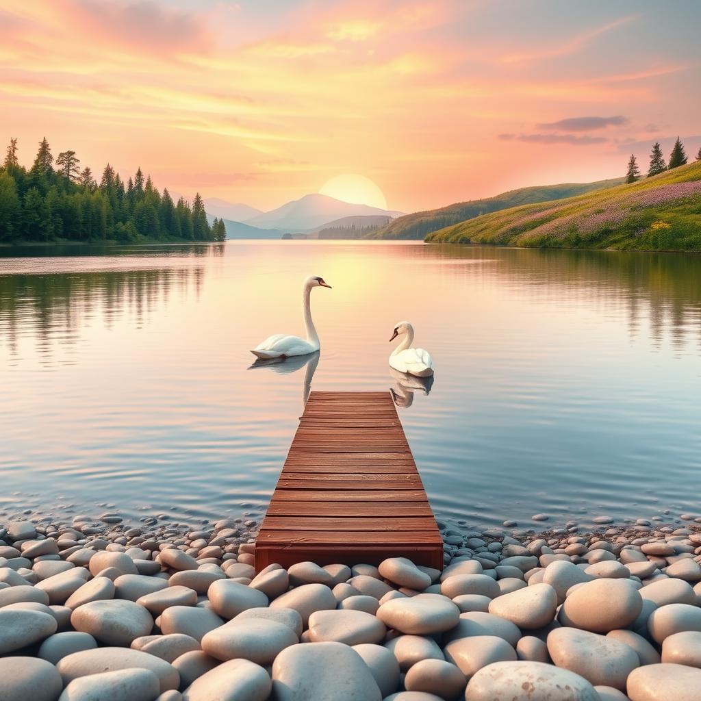 A serene landscape depicting a tranquil lake at sunset, with soft pastel colors reflecting off the water