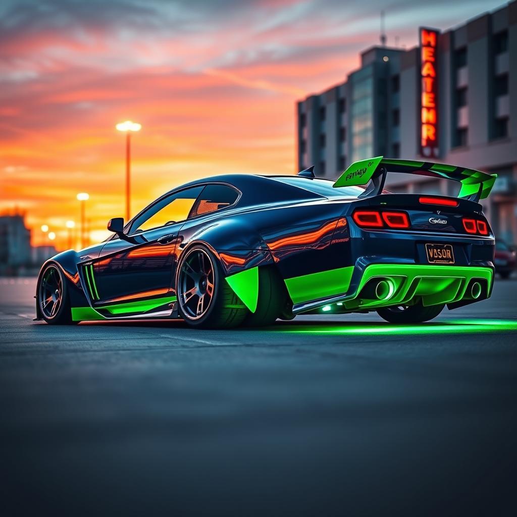 A highly stylized modified car, showcasing custom bodywork and an aggressive stance