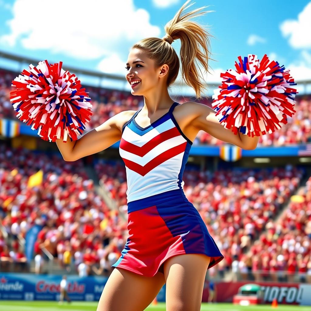 A lively and spirited cheerleader in a vibrant red, white, and blue cheerleading outfit