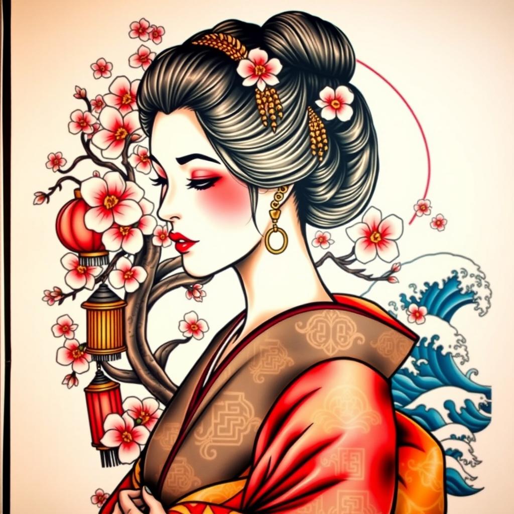 A large tattoo design featuring a beautiful and elegant geisha, adorned in traditional Japanese clothing with vibrant colors