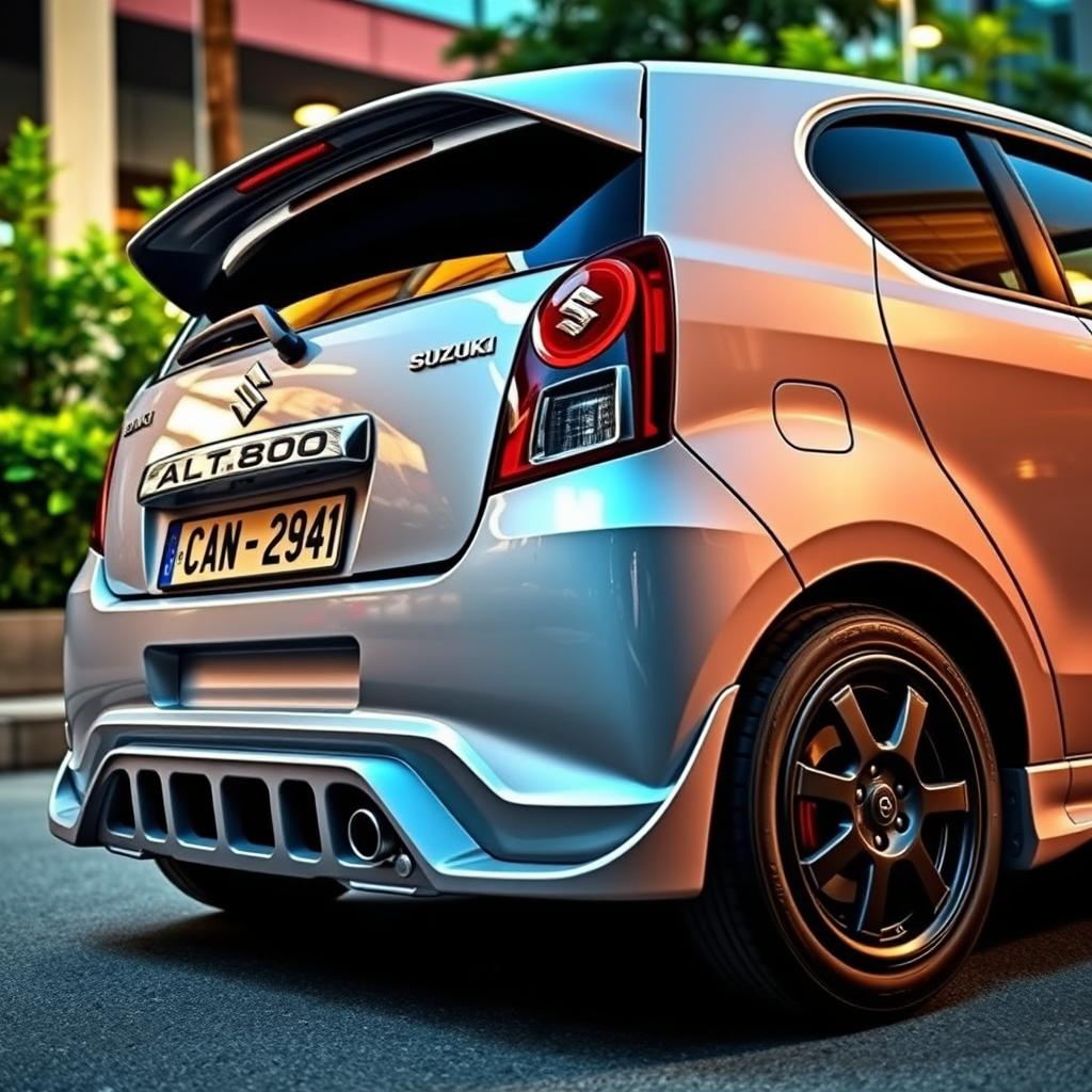 A Suzuki Alto 800 featuring a sleek body kit and eye-catching alloy wheels, showcasing the intricate details of its design