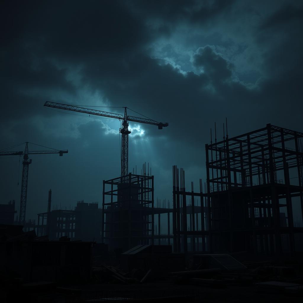 A dark background depicting a construction site with partially built structures