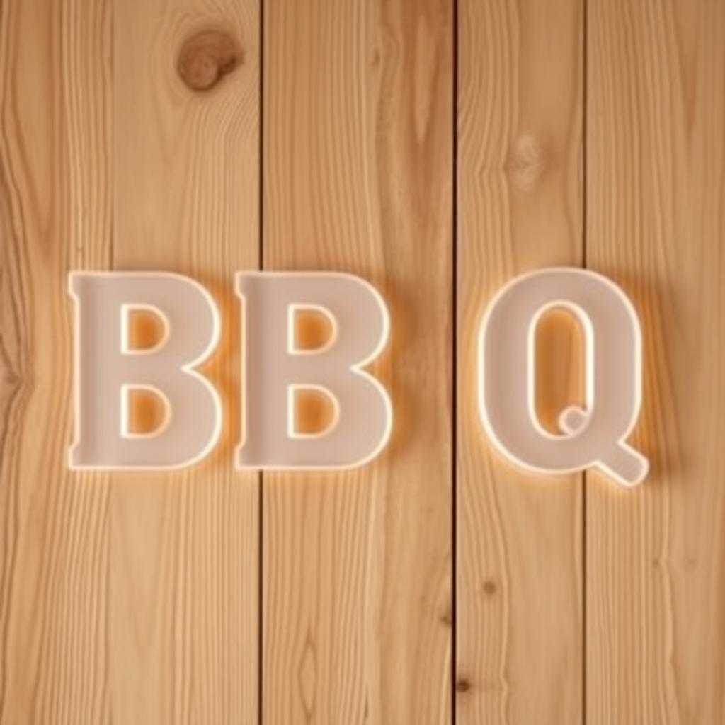 A scene featuring clear acrylic letters spelling 'BBQ', prominently displayed against a textured light brown wooden wall
