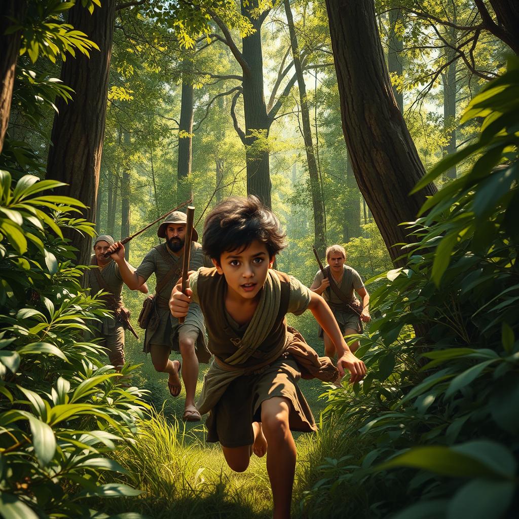 A vivid and dynamic scene depicting the moment hunters enter a dense forest