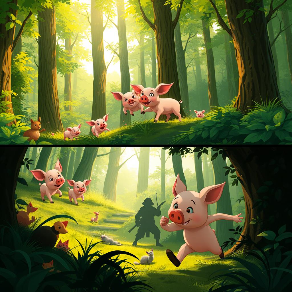 A whimsical scene of Royo the pig playing joyfully with his family in a dense, lush forest