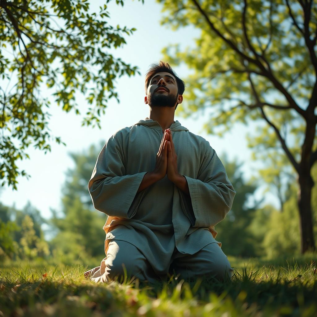 A serene and atmospheric scene depicting a man praying in the wilderness
