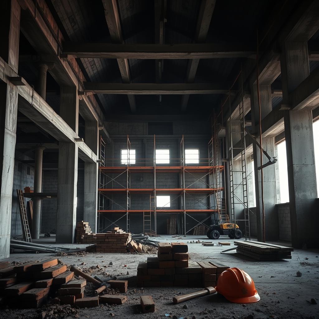 A dark background interior of a building under construction, showcasing the raw structural elements like exposed beams and scaffolding