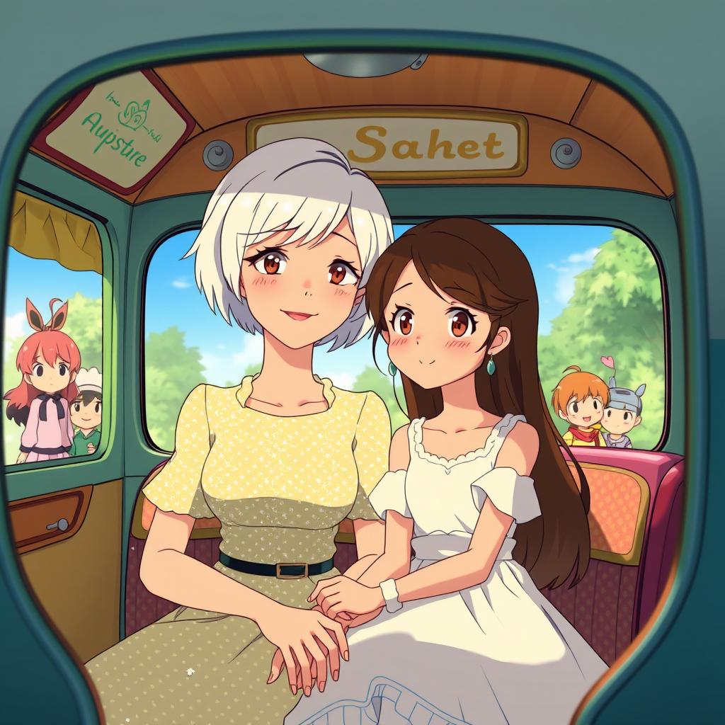 A Studio Ghibli inspired scene featuring a mother with short white hair and a sparkling dress, sitting next to her beautiful daughter who has long brown hair