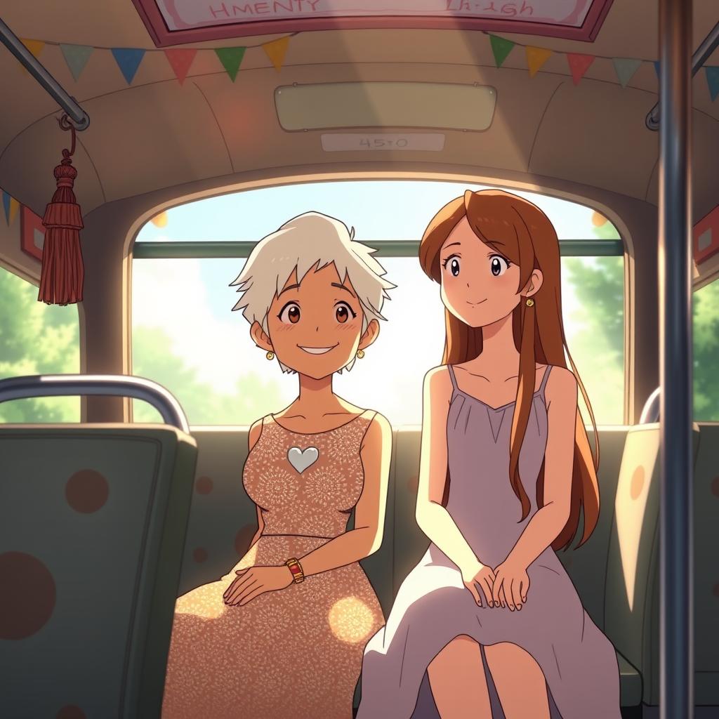 A heartwarming scene in the style of Studio Ghibli, depicting a loving mother with short, white hair wearing a shimmering dress, sitting on a bus with her beautiful daughter who has long, brown hair