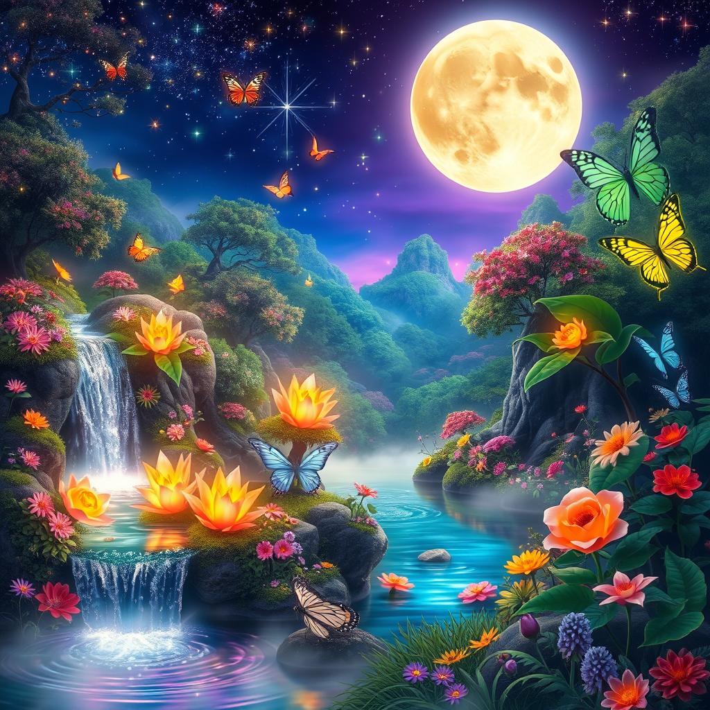 A vibrant fantasy landscape featuring a mystical forest with glowing plants and ethereal creatures