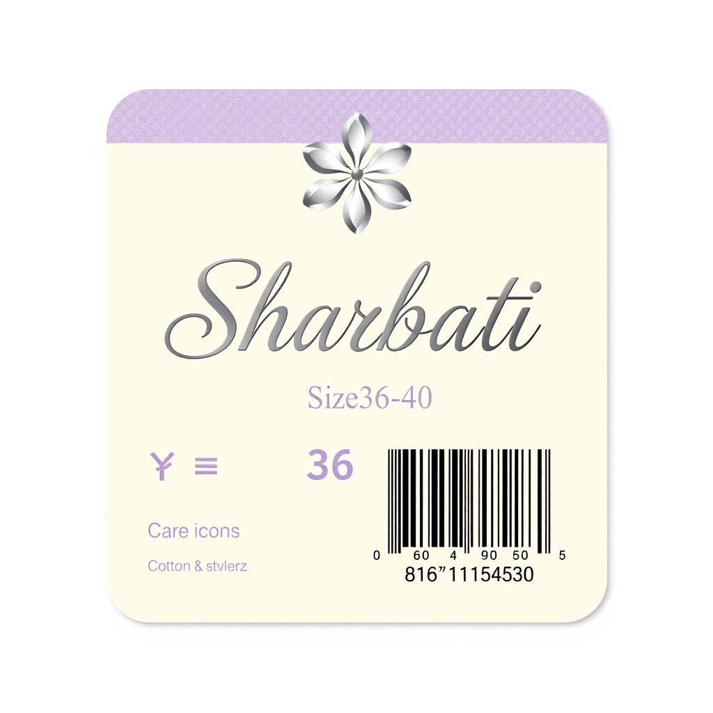A women's sock tag design (6cm x 18cm) featuring a soft beige background with a light horizontal gradient of lavender purple at the top