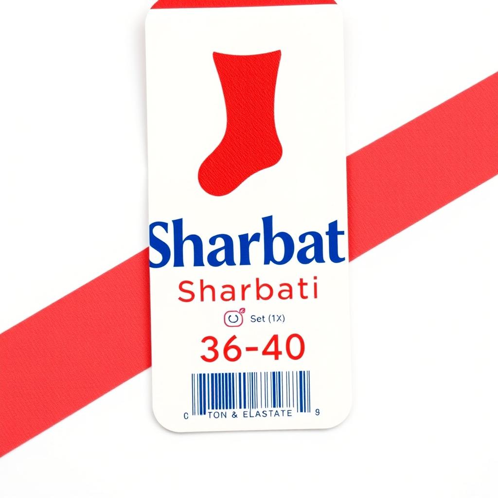 A women's sock tag design (6cm x 18cm) featuring a pure white background with subtle diagonal lines of coral red