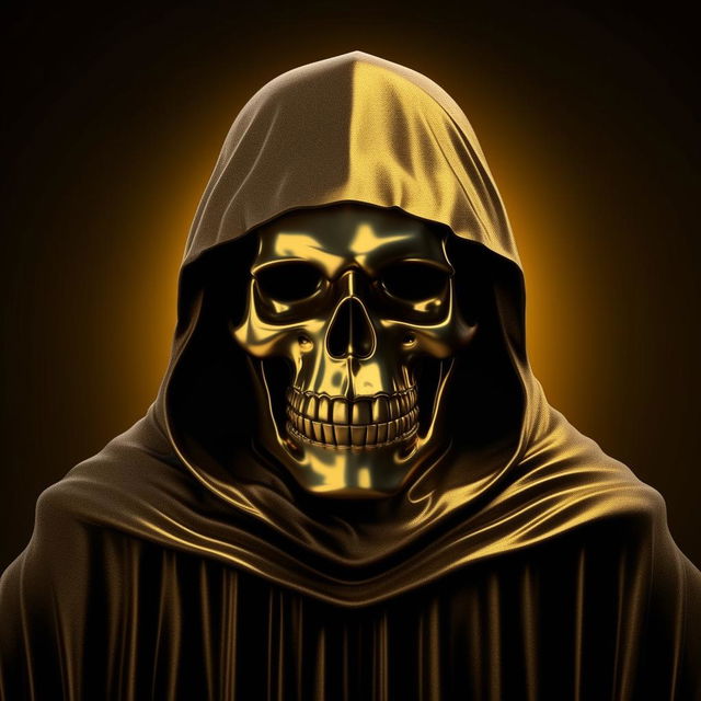 A golden skull wearing a cloak with the words 'RIP QUWU JR' inscribed on it, represented in a logo format.